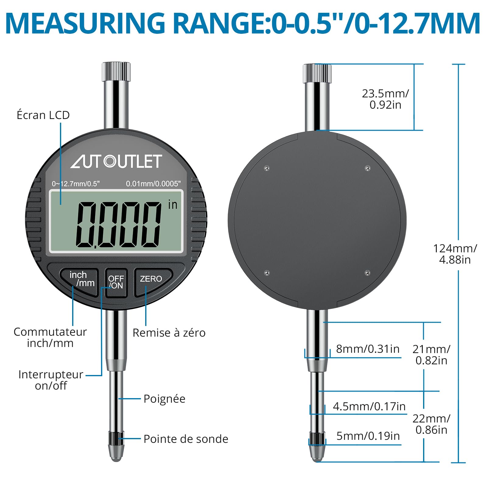 AUTOUTLET Calibrador de Diámetro Interior Digital 50-160mm, Calibrador de Orificios 0.01mm Precisión, Herramienta de Medición Interna de Cilindros con 12 Cabezales Intercambiables y Estuche ABS