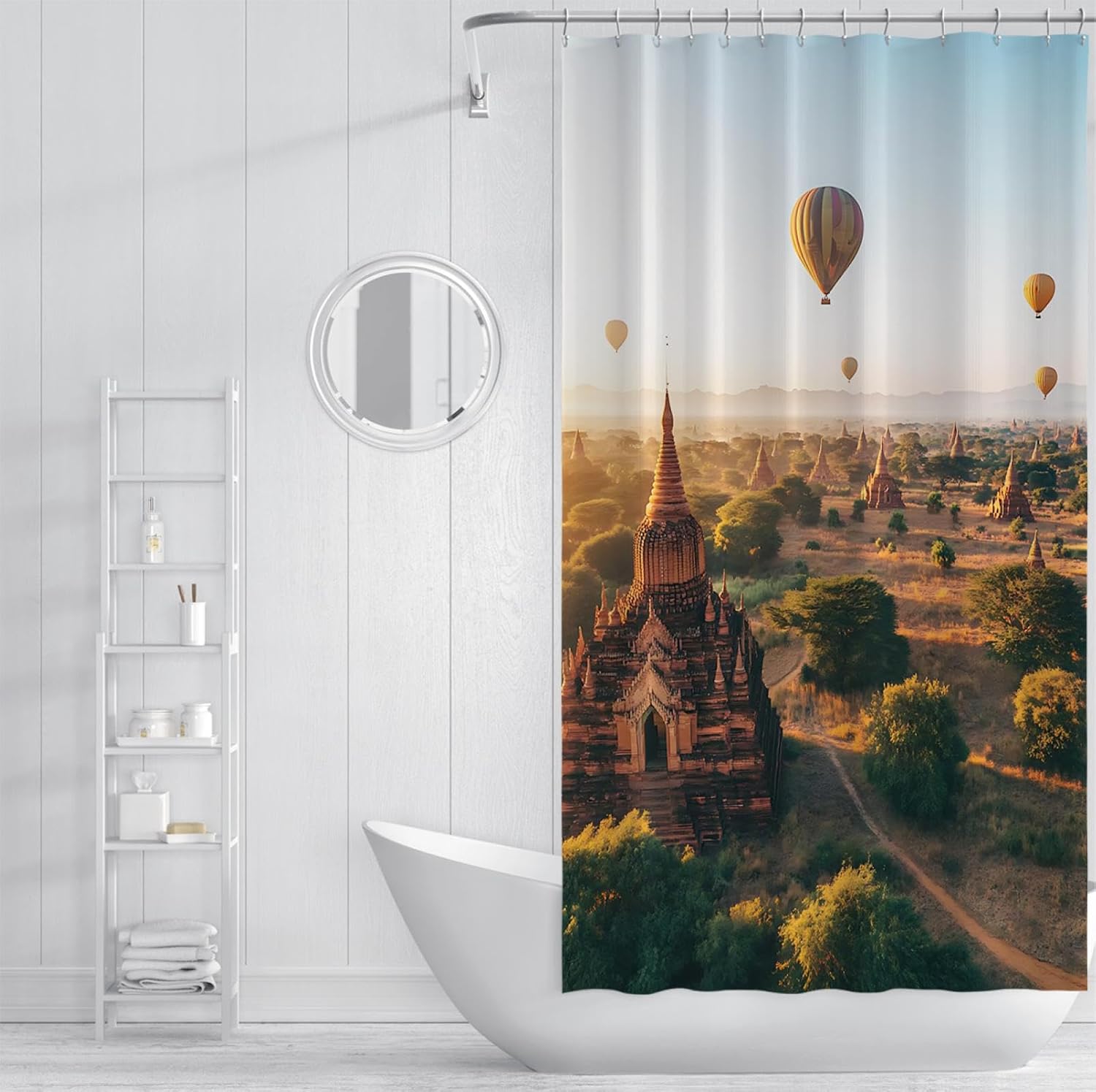 Tourism Landscape Shower Curtains Shrubs Unique House Hot Air Balloon Pattern Bathtub Curtain Set with Ring Hooks Waterproof Fabric 47Wx78L(in)