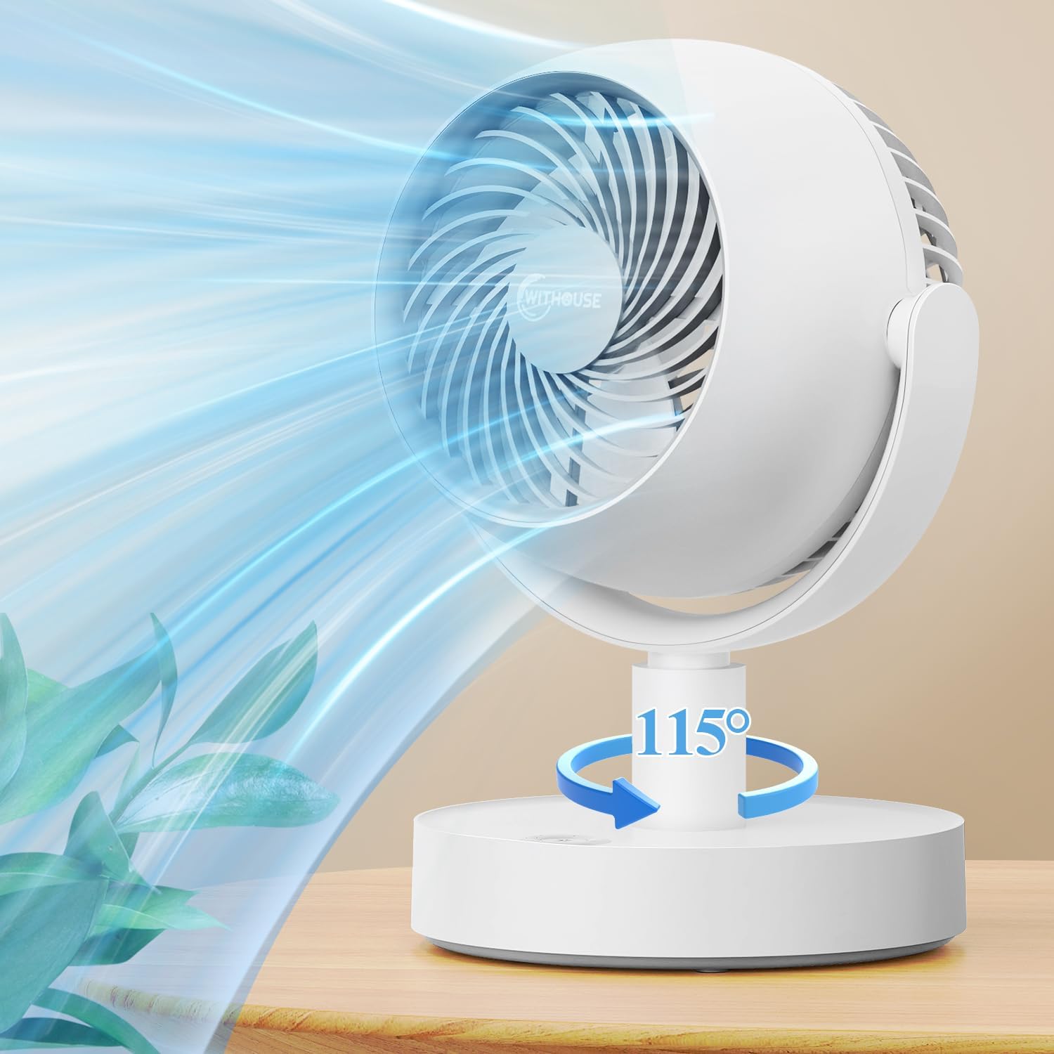 Rechargeable Portable Air Circulator Fan, Timer & Oscillating & Powerful & Quiet, 5 Speeds, Small Desk Fans for Bedroom Battery Powered, 115°+115° Rotation, Table Fan for Room Home Office White