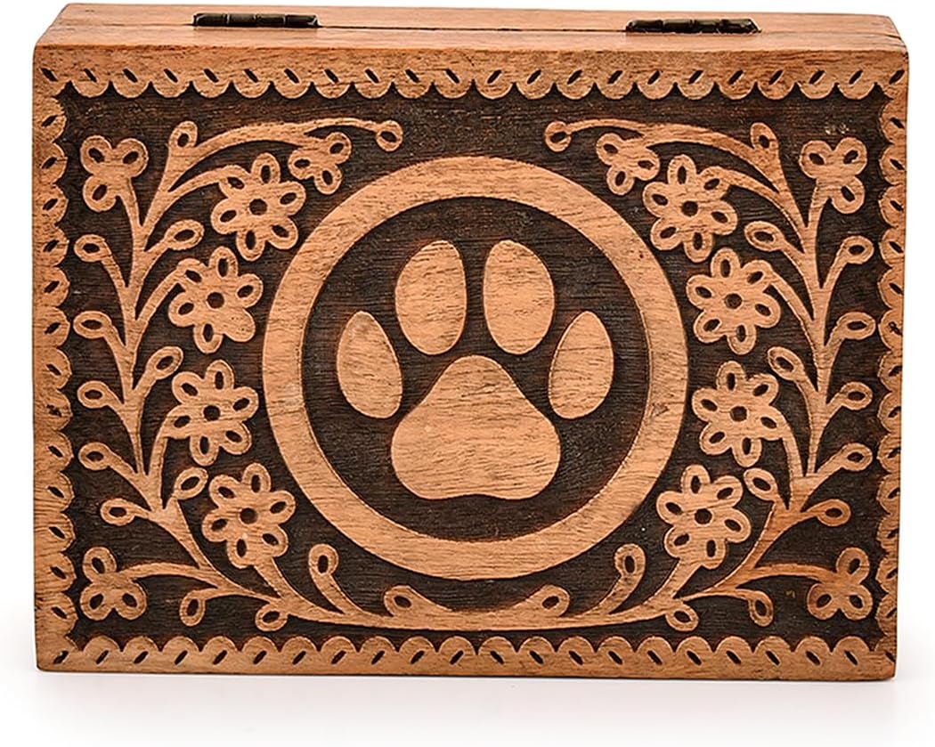 Decorative Urn Acacia Wood Paw Print Pet Cremation Urn for Dog Cat Ashes Pet Keepsake, Burial Urn Wooden Box for Ashes (7" X 5" X 2.5")
