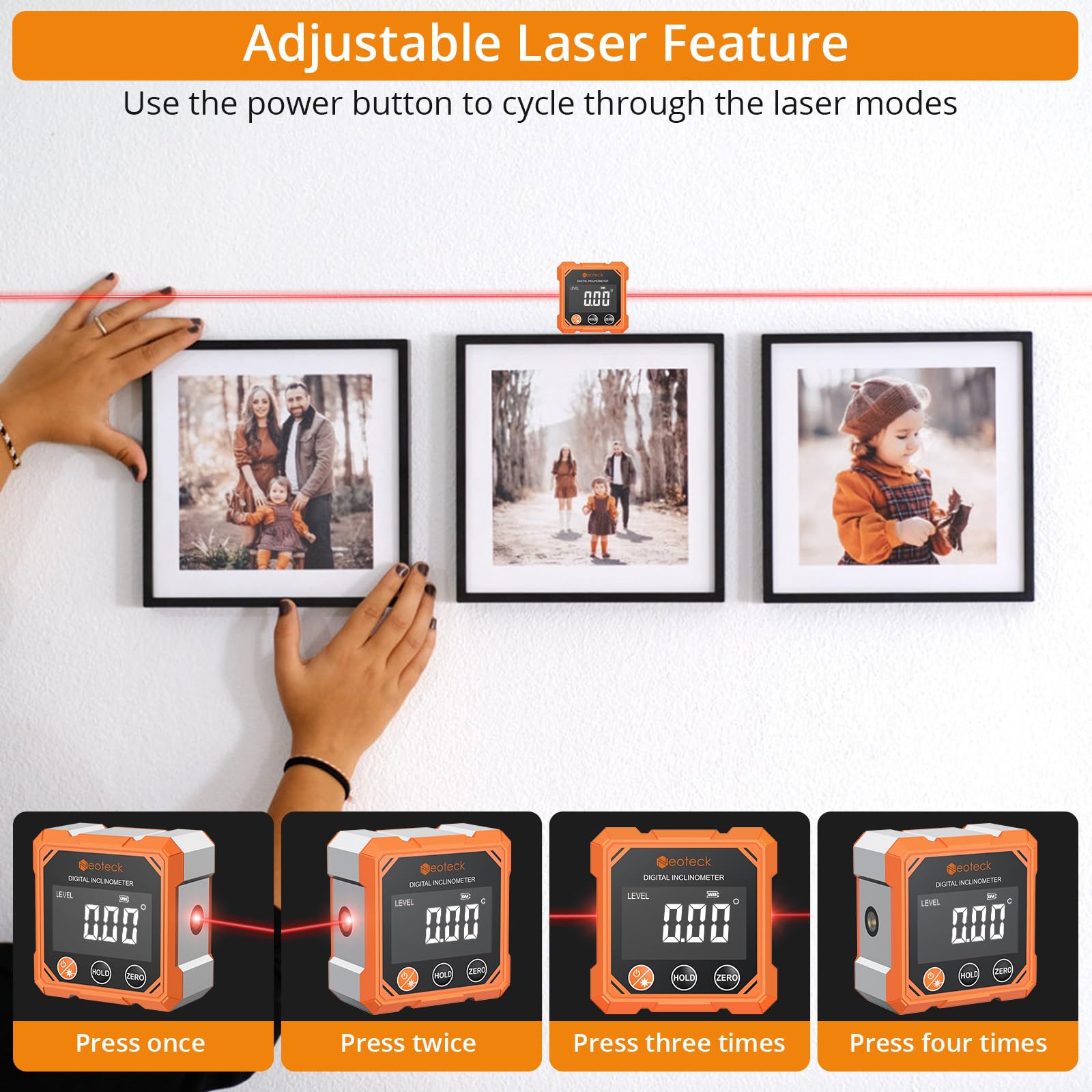 Neoteck 4-Side Magnetic Digital Angle Finder with Laser (Class 2,<1mW Output) 4x90°Angle Finder Tool Rechargeable Digital Angle Gauge with Backlight Screen Laser Level for Construction Decorations - 3