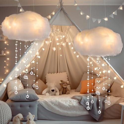 Marsui Artificial Cloud Props LED Hanging Cloud Light String Fake Imitation 3D Cotton Classroom School Decor Raindrop for Room Ceiling Baby Shower Party Wedding Nursery Classroom Wall DIY Decor(2 Pcs) - 2