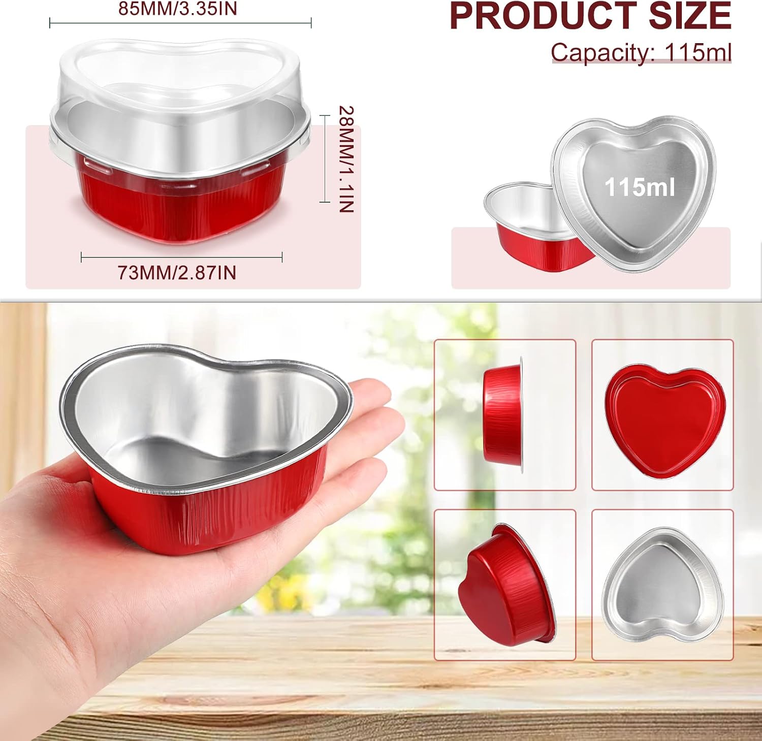Heart Shaped Cake Pans with Lids, 3.4 Ounces/ 100 ml, Aluminum Foil Mini Disposable Heart Cupcake Pans for Valentine's Day Wedding Parties (Gold, Red, Pink, White,60 Sets)