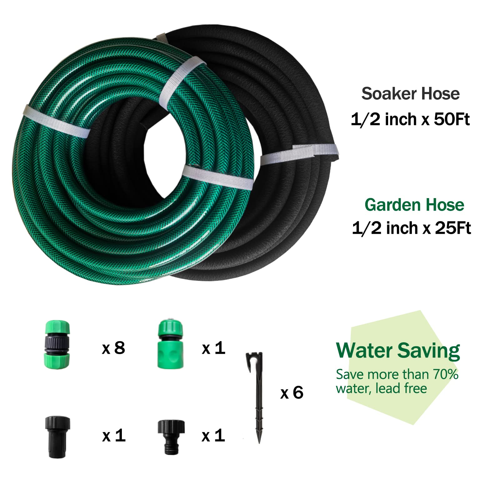 Customizable Soaker Hose System - 1/2 inch x 50ft Soaker Hose with 25ft Garden Hose, Irrigation Weeping Hose with Reinforced Fittings for Raised Garden Flower Bed, Vegetables and Shrub Plants.