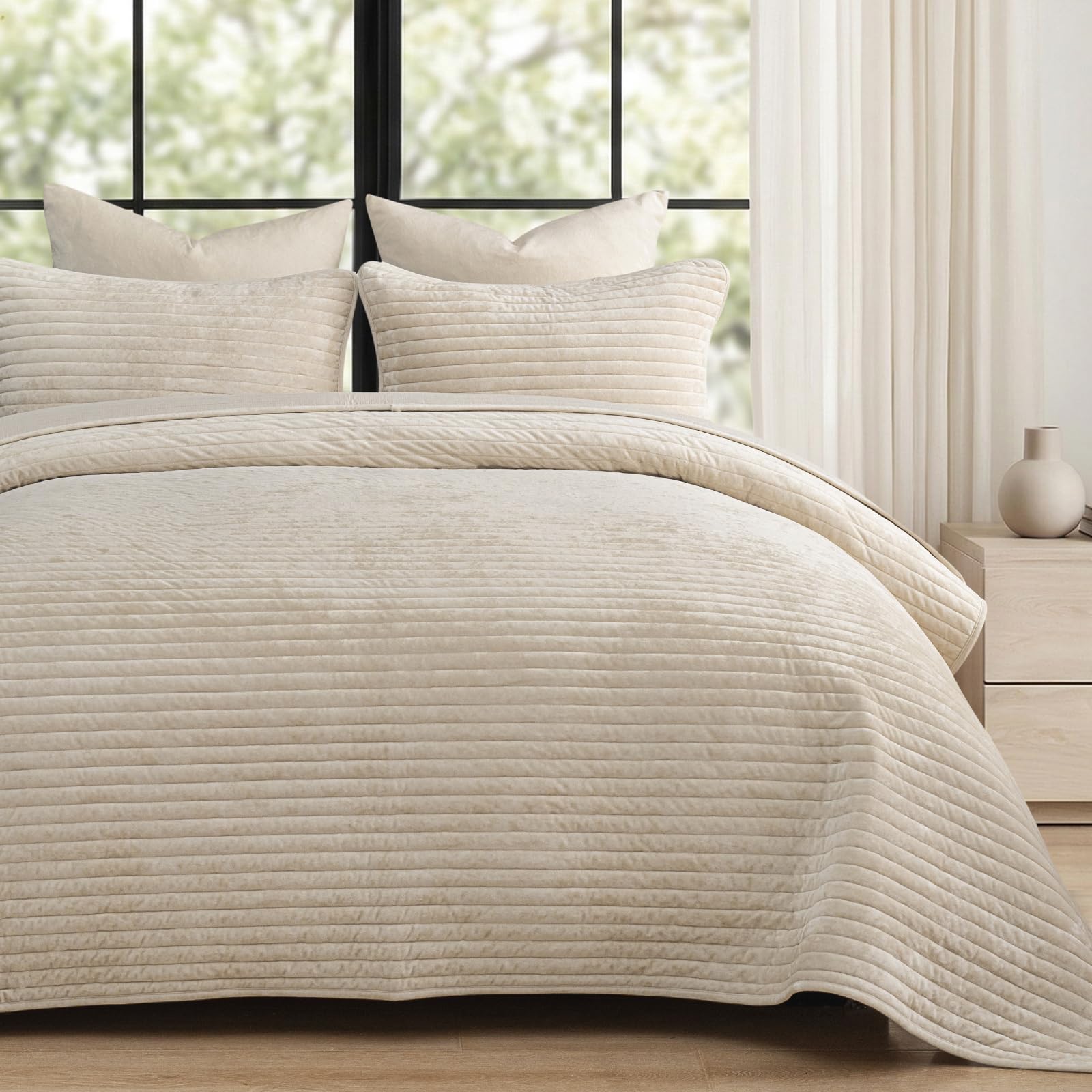 phf luxury velvet quilt set queen size - 3pcs ultra soft quilted comforter alternative with striped channel, cozy quilted bedspread, 1 coverlet with 2 matching shams, 90" x 92", sand