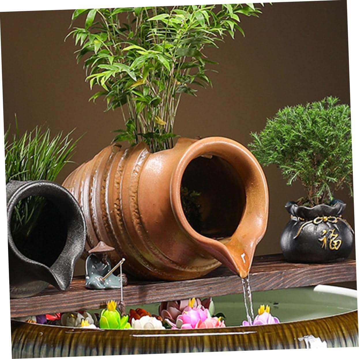 Ceramic Jar Water Fountain Waterfall Flowing Design Hydroponic Planter for Garden and Courtyard Decoration Indoor and Outdoor Fountain Decor