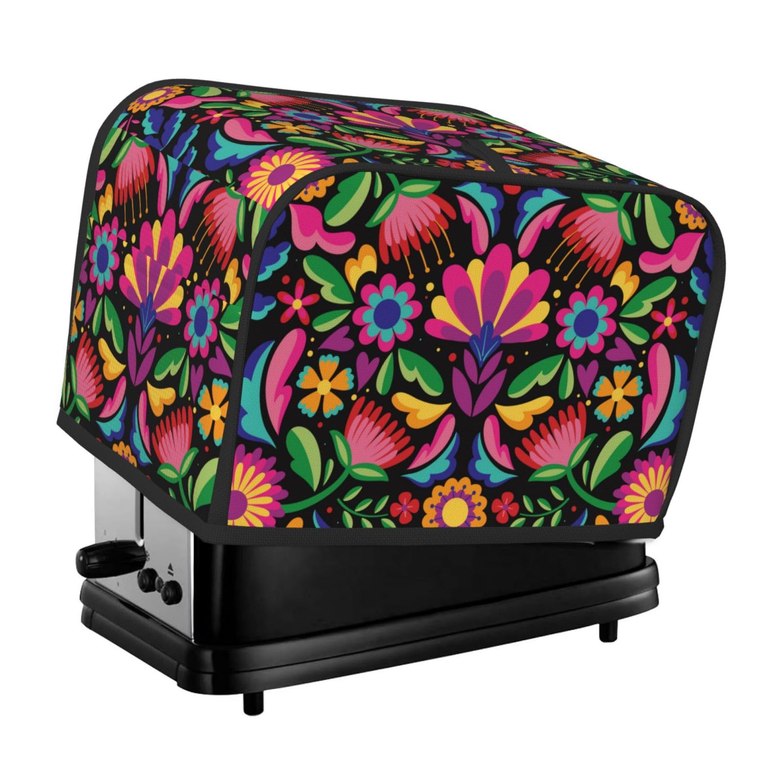 2 Slice Toaster Cover with Pockets - Colorful Floral Embroidery Mexican Fashions Greasy Fingerprint Toaster Cover for Kitchen, 2 Slice Toaster Accessories