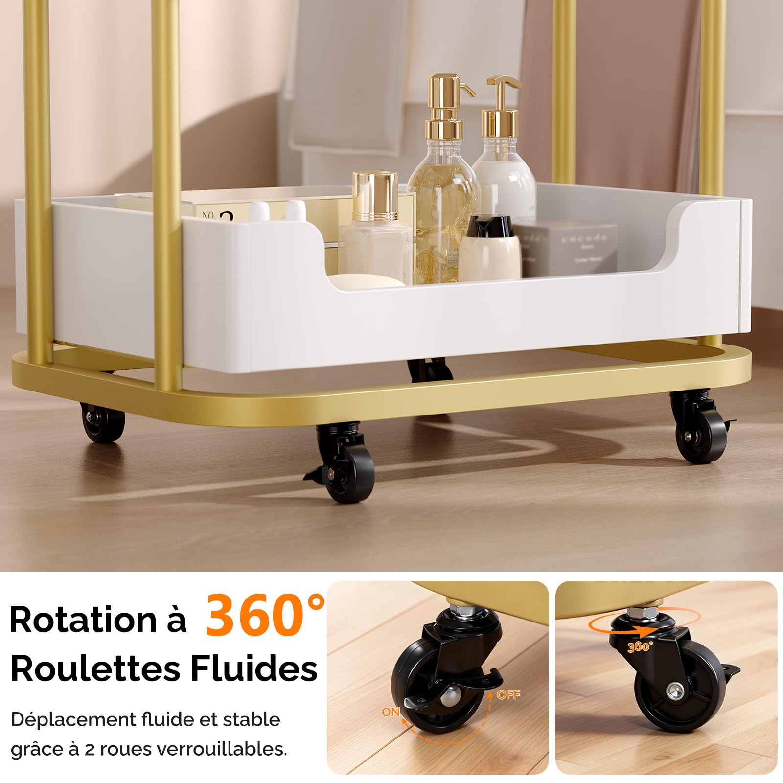 Bonnlo Chariot de Coiffure, Chariot de Salon Professionnel 3 Étages avec Tiroir, roulettes Verrouillables, Plateau Supérieur Plat avec Bordure, pour Esthétique, Spa, Studio Ongles, Blanc et Doré