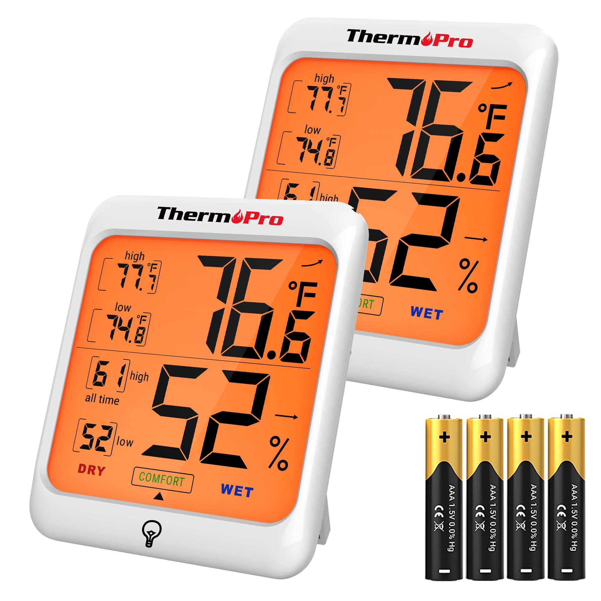TP53 2 Pack Digital Hygrometer Indoor Thermometer for Home, Temperature Humidity Sensor with Comfort Indicator & Max Min Records, Room Thermometer Humidity Meter with Backlight Display