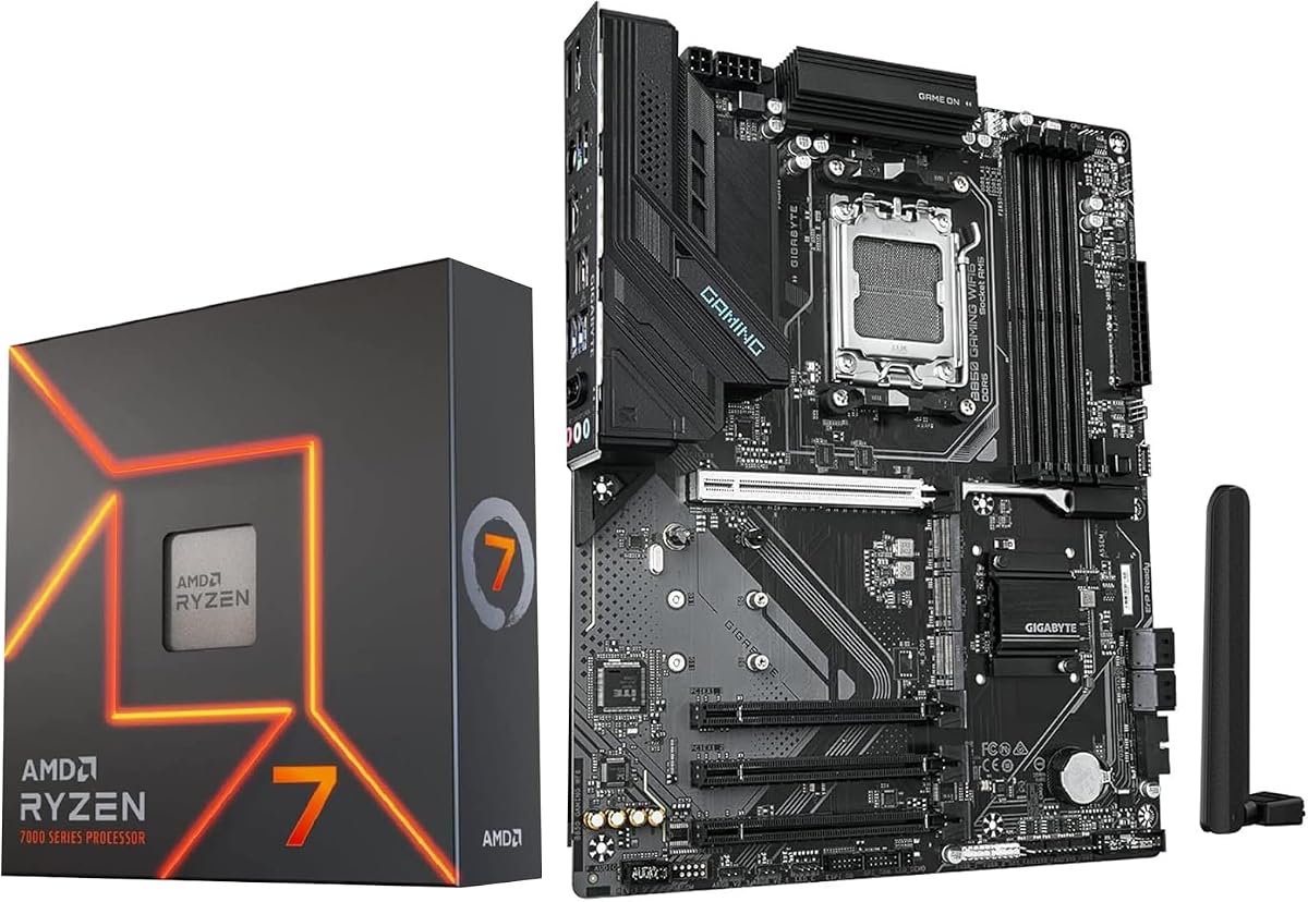 Procesador Micro Center AMD 7700X con placa base WiFi para juegos GIGABYTE B850 | Combo de Placa Base CPU, AI Ready, AM5, DDR5, PCIe 5.0, Gen 5 M.2, USB 3.2 Gen 1 Tipo C, WIFI6, HDMI, Displayport, ATX