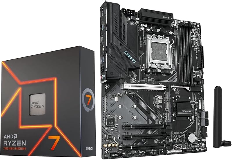 Procesador Micro Center AMD 7700X con placa base WiFi para juegos GIGABYTE B850 | Combo de Placa Base CPU, AI Ready, AM5, DDR5, PCIe 5.0, Gen 5 M.2, USB 3.2 Gen 1 Tipo C, WIFI6, HDMI, Displayport, ATX