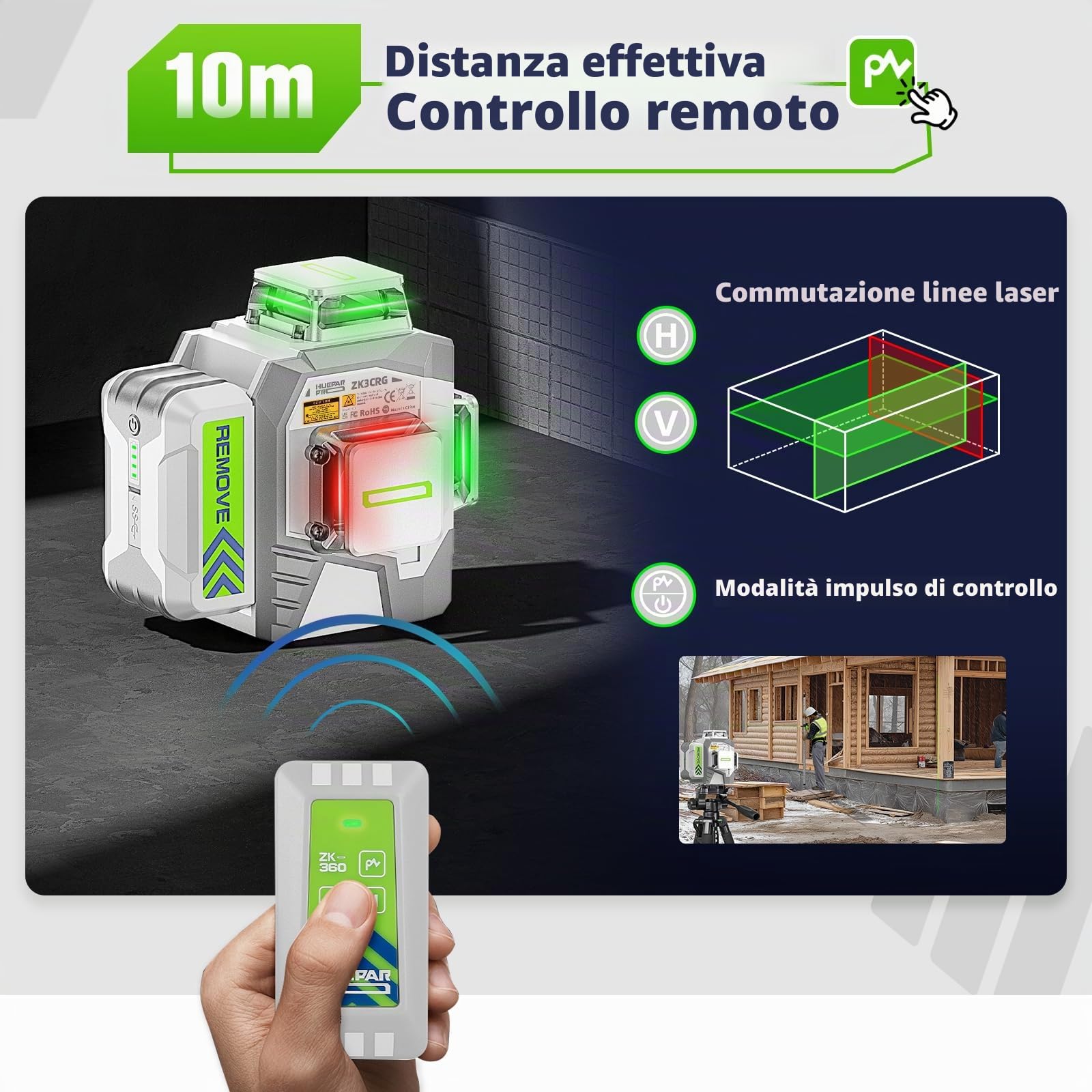 Huepar Pro cross line laser 3 * 360 gradi autolivellante rosso verde livella laser, alta precisione 3D livella laser ZK3CRG