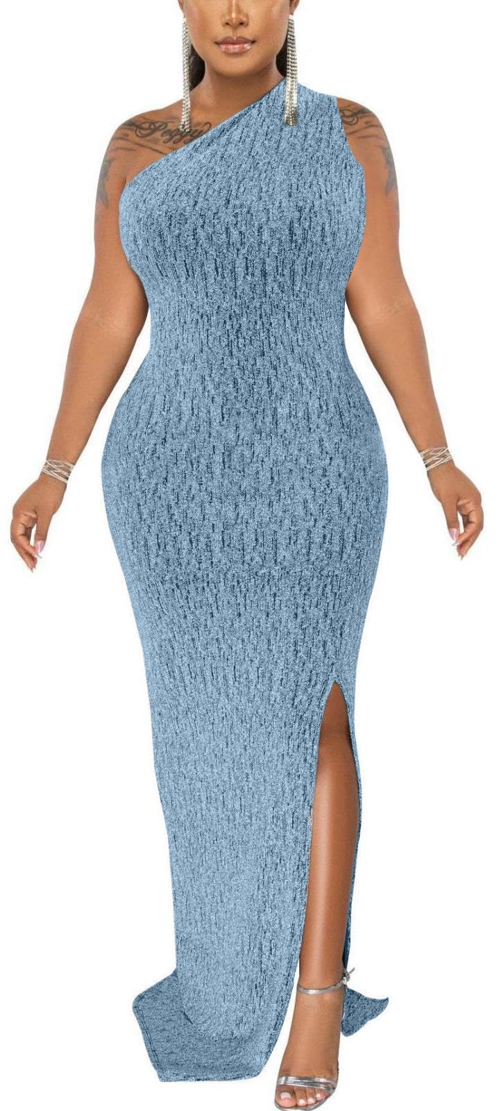 Formal Dress for Women Elegant Sparkly One Shoulder Sleeveless High Split Cocktail Party Prom Dresses