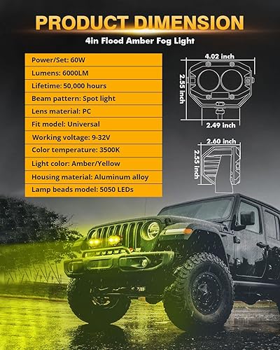 Miniatura 2 de Auxbeam Luces antiniebla ámbar de 4 pulgadas y 60 W, vainas LED ámbar, luces todoterreno superbrillantes con kit de arnés de cableado Plug and Play