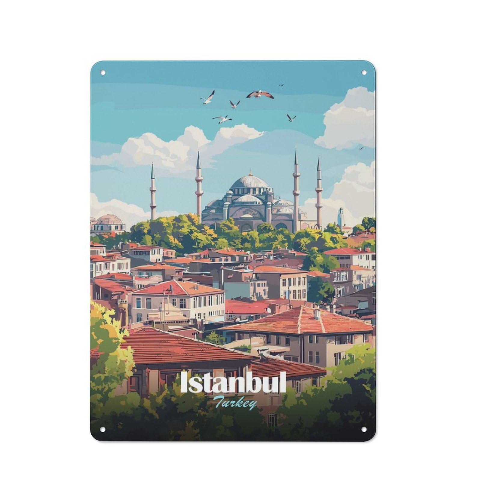 Istanbul, Turkey Cityscape Illustration Decorative Tin Sign 40x30cm, Rustic Rustic Kitchen Decor for Kitchen, Cottage, Porch Or Garden Room