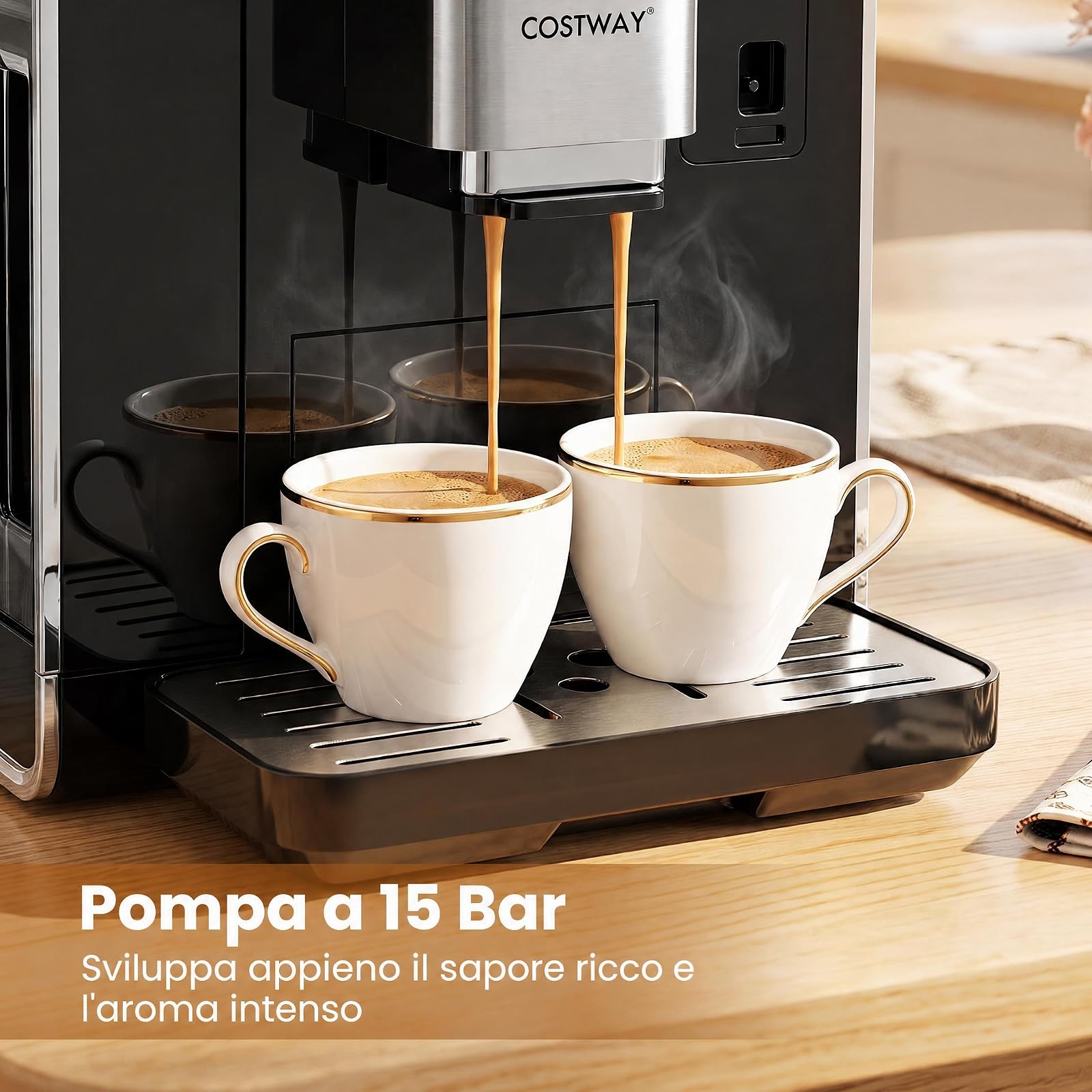 COSTWAY Machina da Caffè Automatica, con Macinacaffè e Montalatte, 15 Bar