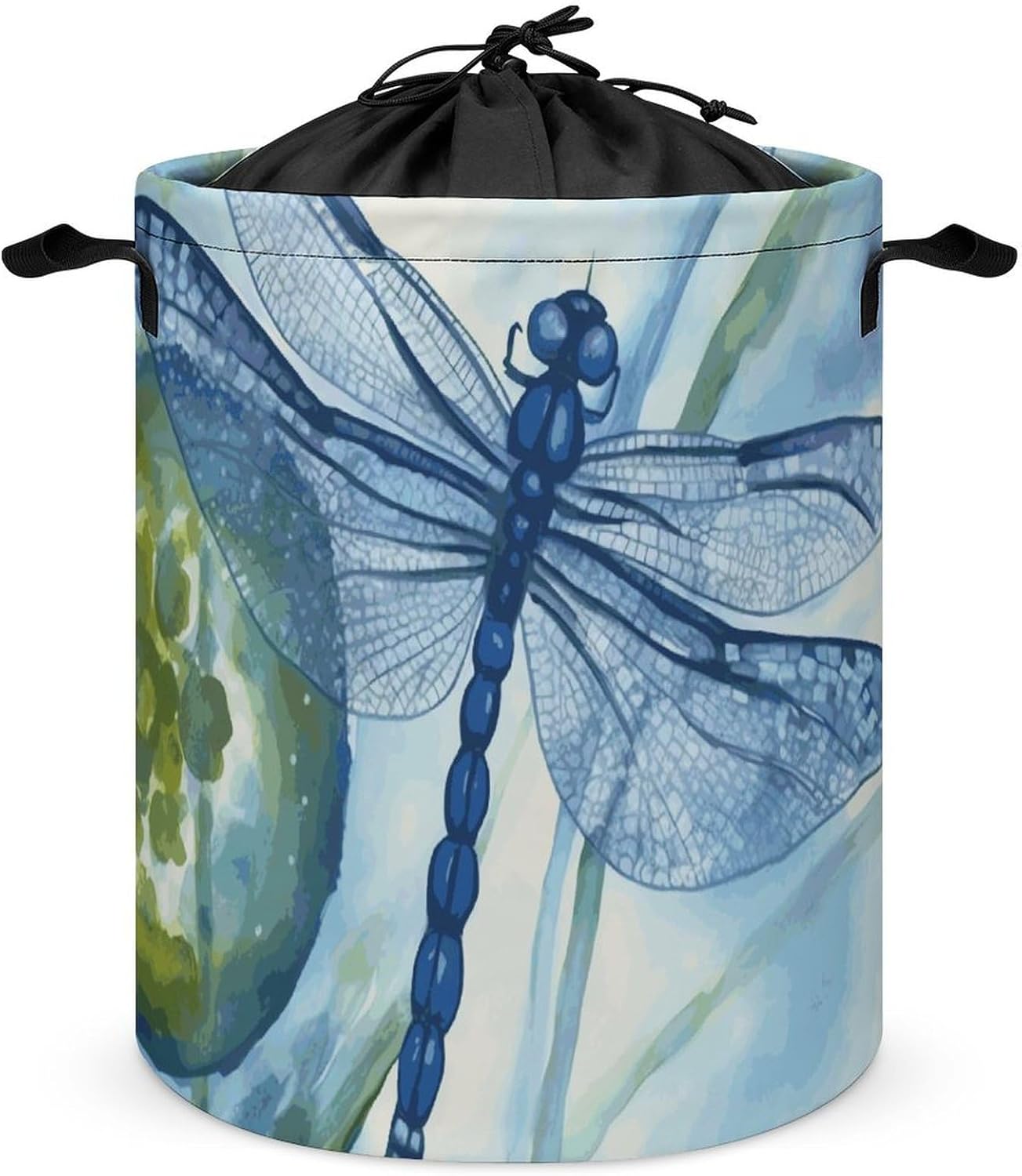 Hand Painted Blue Dragonfly Laundry Basket with Lid Collapsible Waterproof Laundry Hamper Large Drawstring Clothes Hamper Storage Bin with Handles for Home Bathroom Bedroom Dorm 17.3 x 17.3 Inch