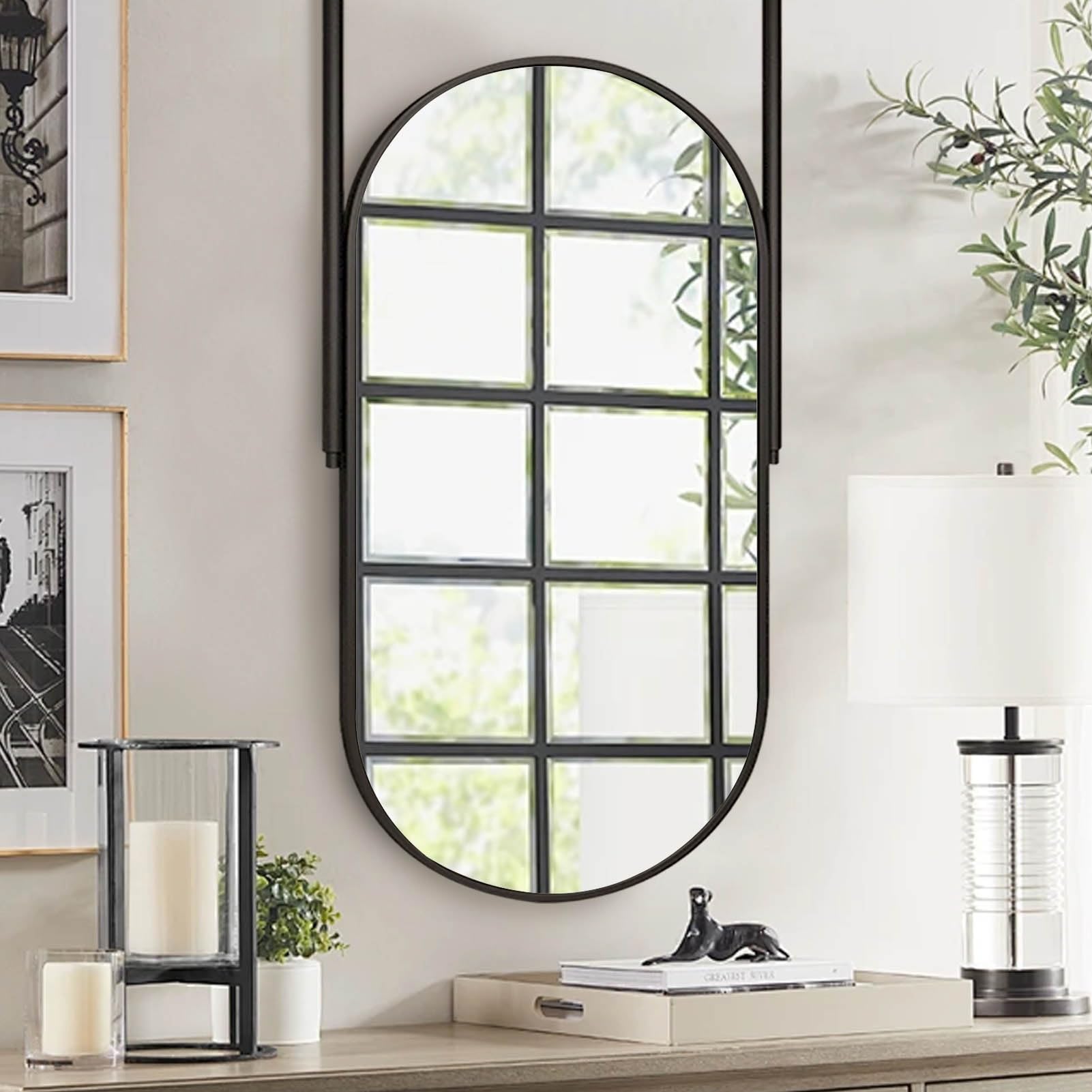 SXFSDOU Black Metal Framed Bathroom Wall Mirror Oval Ceiling Hanging Entryway Bedroom Mirrors | Customizable Boom(40x70cm)