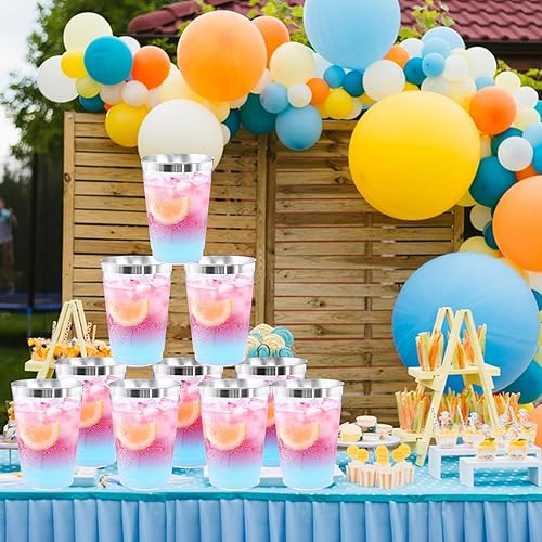 Miniatura 7 de supernal 200 vasos de plástico plateado, vasos de plástico transparente de 12 onzas, copa con borde plateado, taza elegante para fiesta, taza