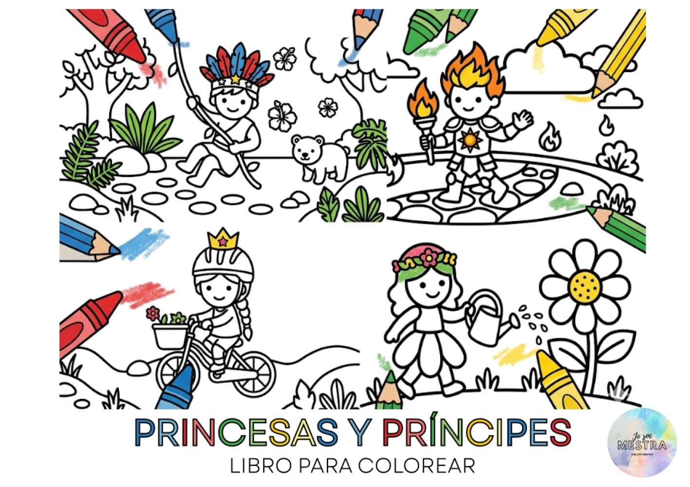 Princesas y príncipes: libro para colorear: 50 Personajes con Diferentes Habilidades y Aventuras: Dibujos de Líneas Gruesas para Aprender a Colorear
