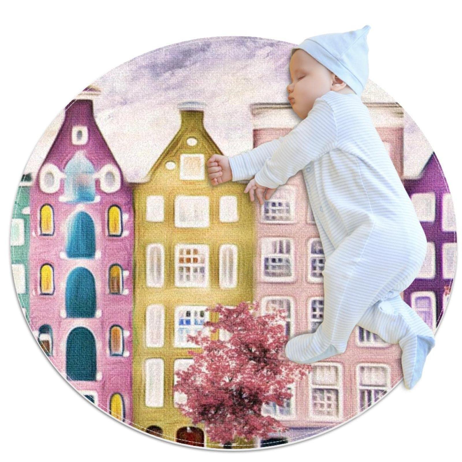 Chambre d'enfant et salon : grand tapis rond 1m motif maison d'Amsterdam