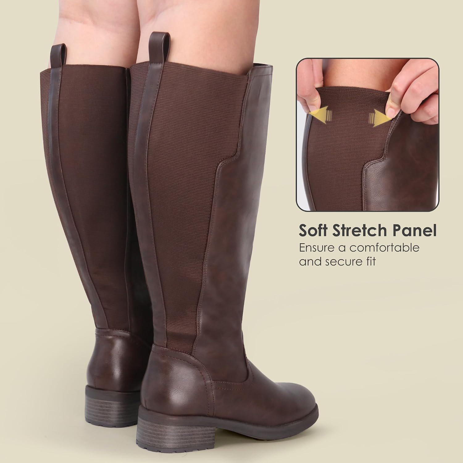 Women's Extra Wide Calf Knee High Boots with Side Zipper and Stretch Panel