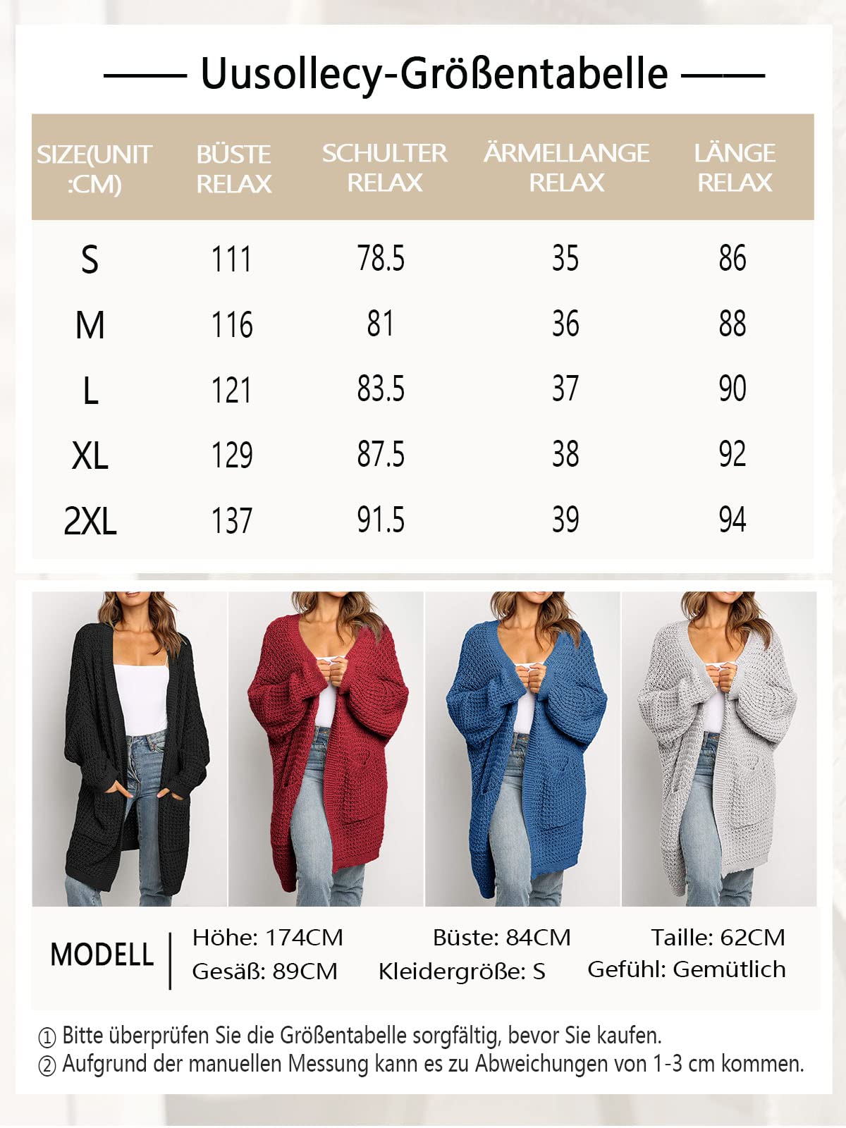 Uusollecy Cardigan Mujer Larga Chaqueta Punto Grueso Monocolor para Otoño e Invierno Abrigo Informal con Bolsillo