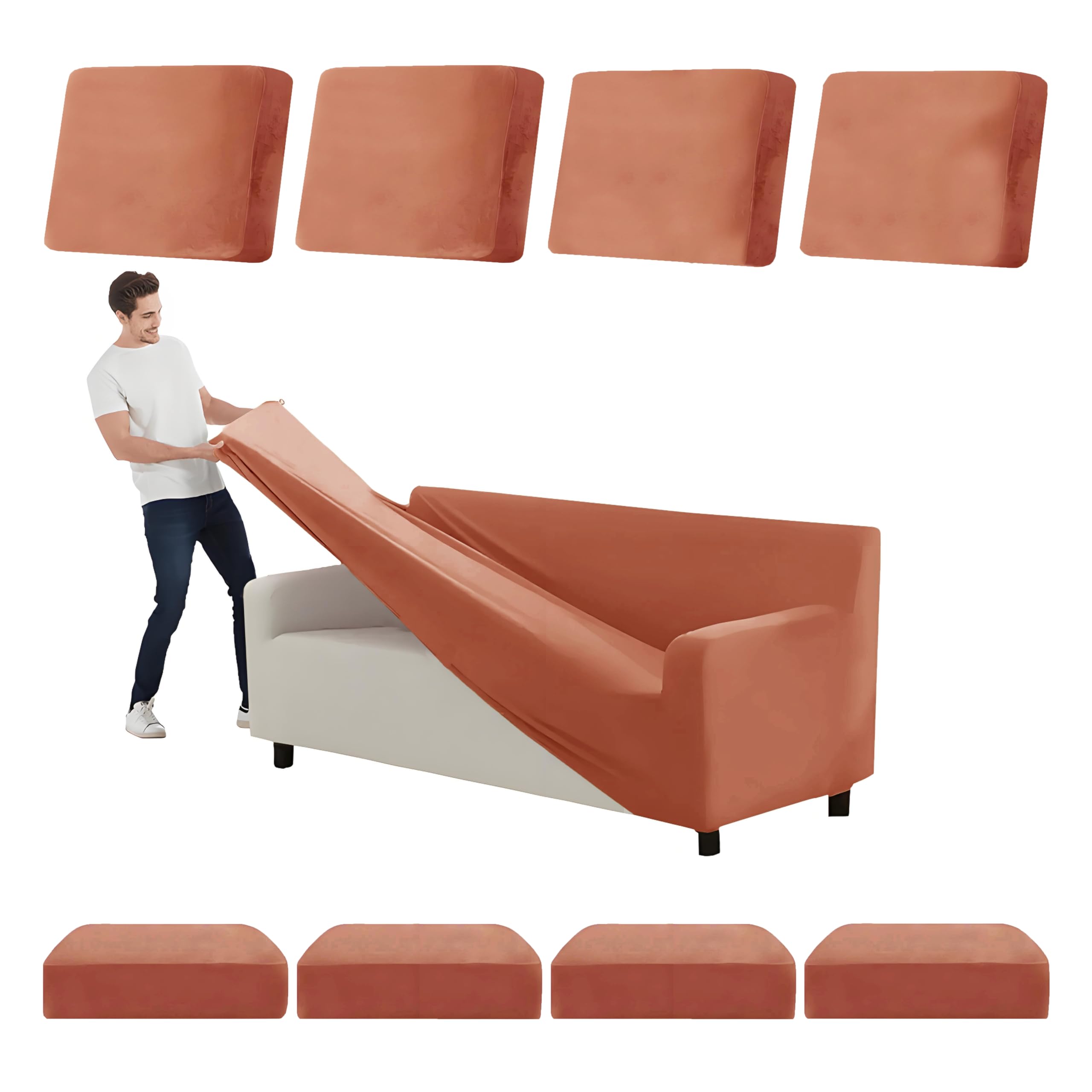SYLC Stretch Ektorp Sofa Cover, Velvet Sofa Covers 1/2/3/4 Seater with Seat Cover and Back Cover, Non-slip Settee Covers Well-fitted (orange,XL 235-300cm 9pcs)