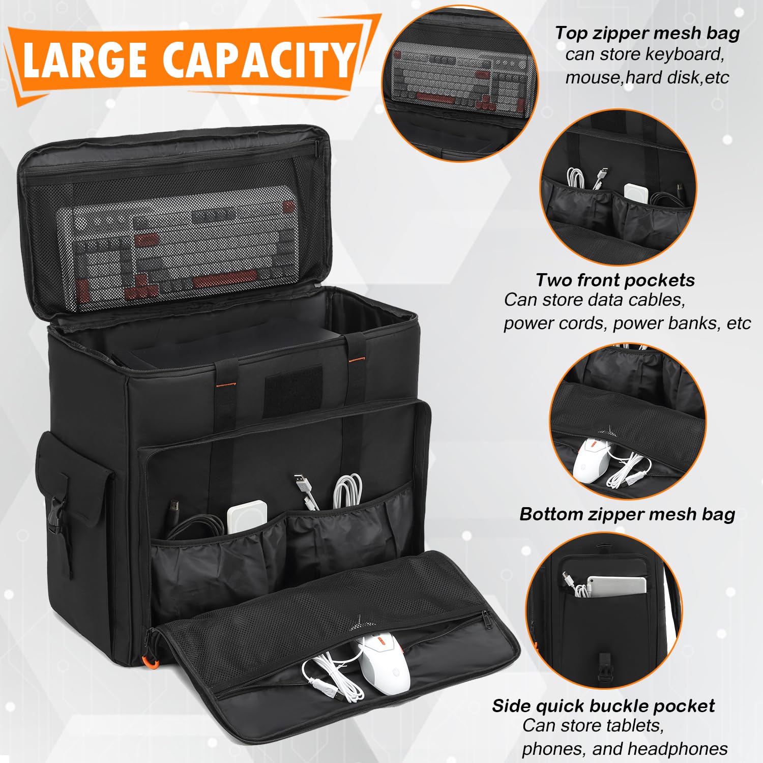 Mochila de torre para videojuegos para computadora ATX de torre completa, bolsa de transporte portátil con correas acolchadas para el hombro, capacidad para CPU de escritorio, teclado, mouse 4