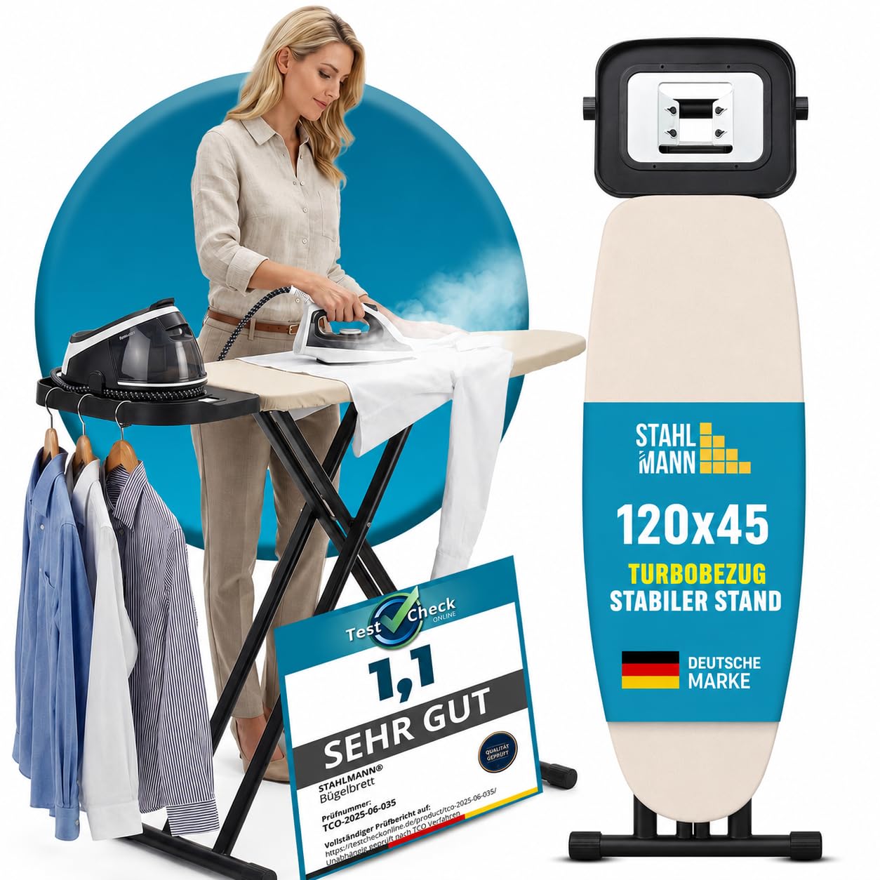 STAHLMANN® Premium Bügelbrett für Dampfbügelstation [120 × 45 cm] | Made in Europe | 100 % Baumwolle Turbobezug | höhenverstellbar | Bügeleisenablage | platzsparend klappbar