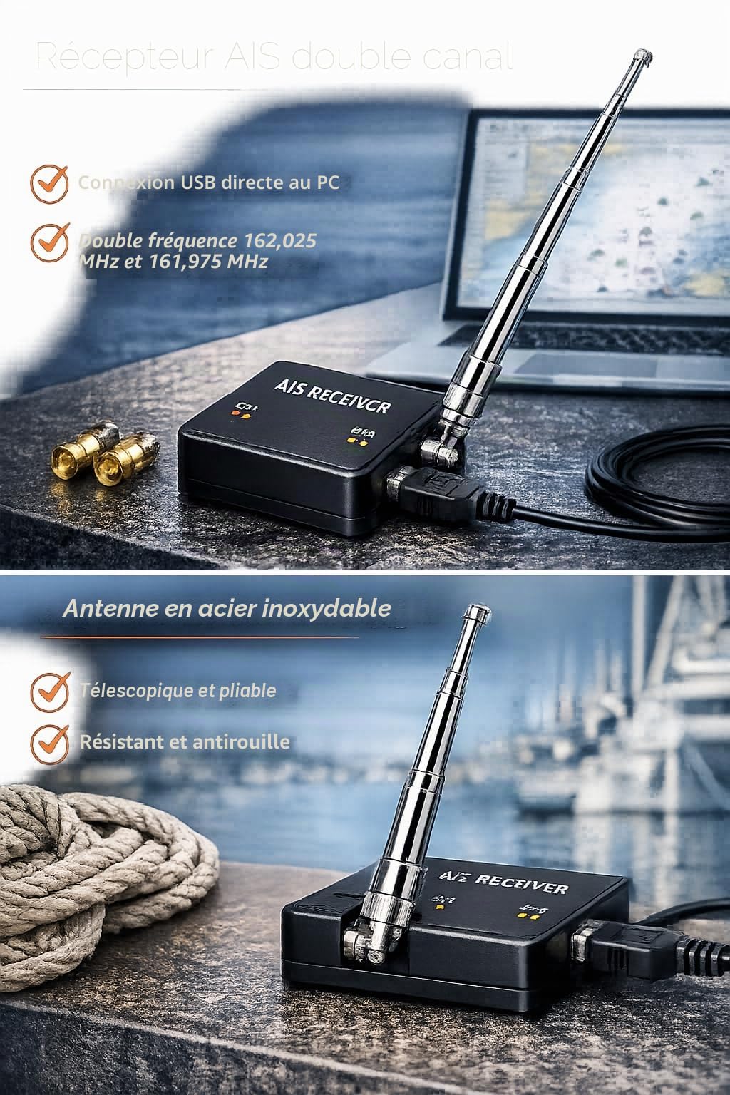 Aramox Récepteur AIS Double Canal Portable avec Sortie USB et Connecteur SMA, Antenne Pliable pour Navigation Marine