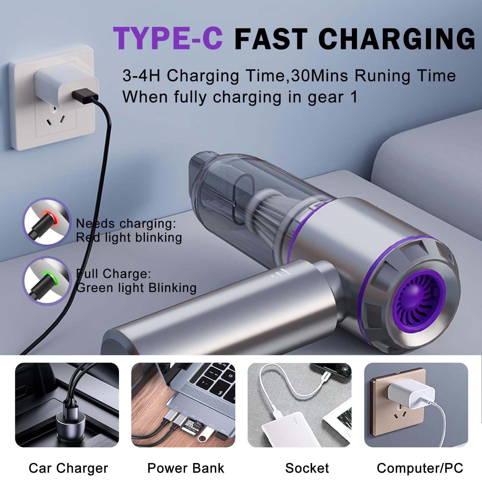 Handheld Cordless Car Vacuum Cleaner - 15000PA Suction, 4-in-1 Air Duster, 2000mAh Battery (Green)