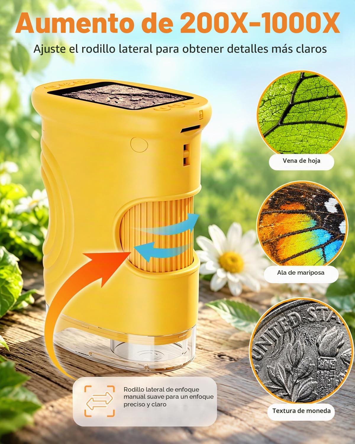 Microscopio de Mano 200X para niños, Pantalla de 2", Recargable, 8 Luces LED Ajustables, Mini microscopios Digitales de Bolsillo, Regalo Educativo para 4 a 12 Años - Naranja