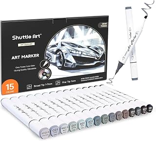 Shuttle Art イラストマーカーペン 油性ペン グレーカラー 15本セット アートマーカー 防水速乾 コミック用 スケッチ グラデーション 似顔絵 建築デザイン 工業デザイン