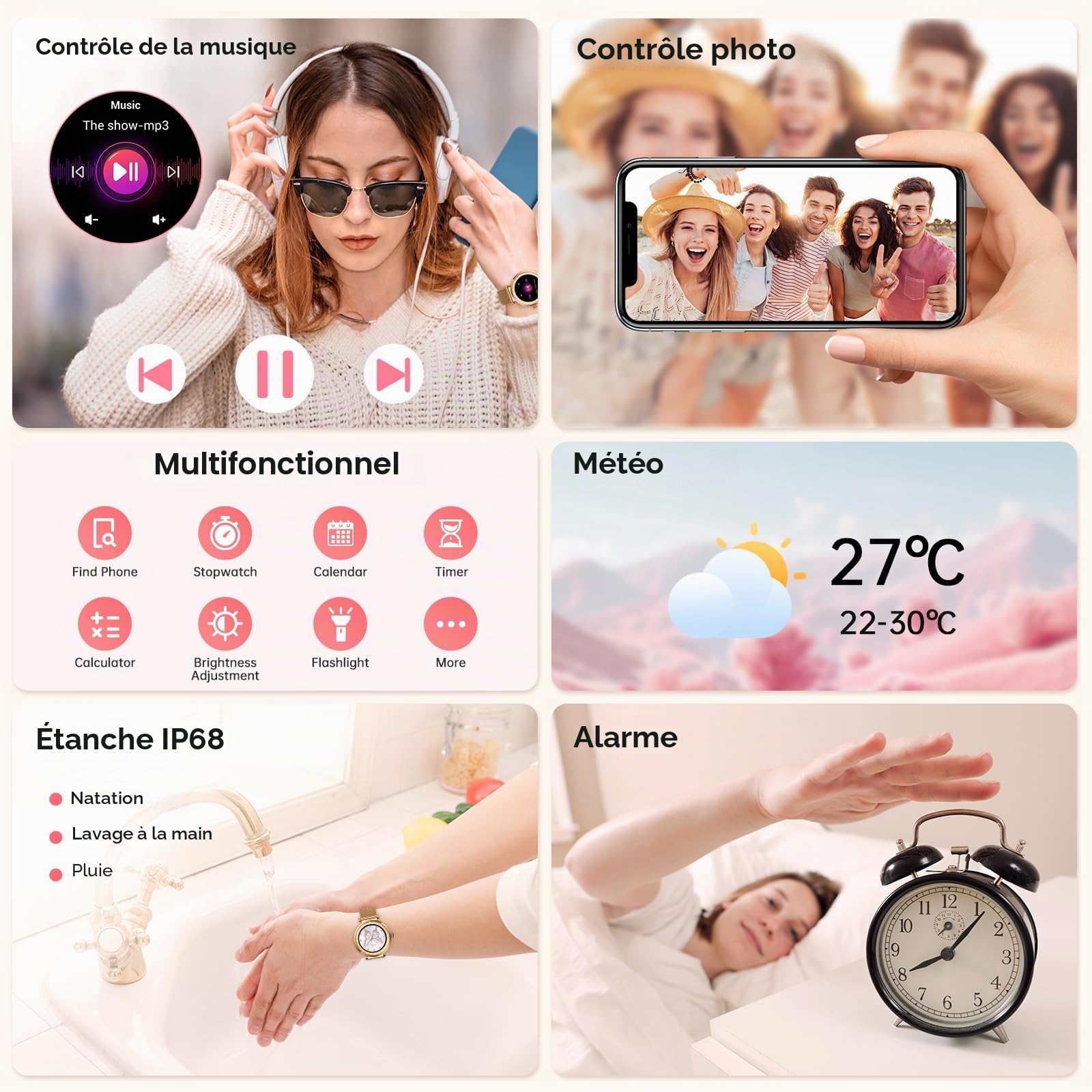 Montre Connectée Femme AMOLED Ultra-fin 1.19" Smartwatch Santé Cycle Menstruel SpO2 Suivi du Sommeil 110+ Modes Sport IP68 Étanche Bluetooth Appel Android iOS