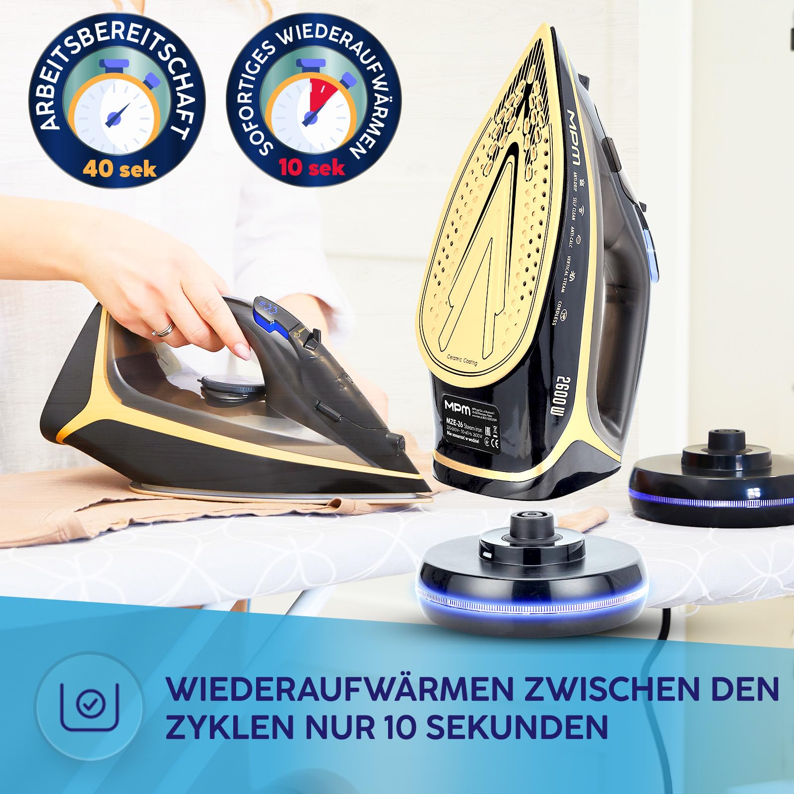 MPM Dampfbügeleisen Kabellos mit Keramischer Bügelsohle MZE-26-2600W - Anti-Drip - Self-Clean - LED-Anzeige - 2 Betriebsmodi - Kabellos und Mit Kabel