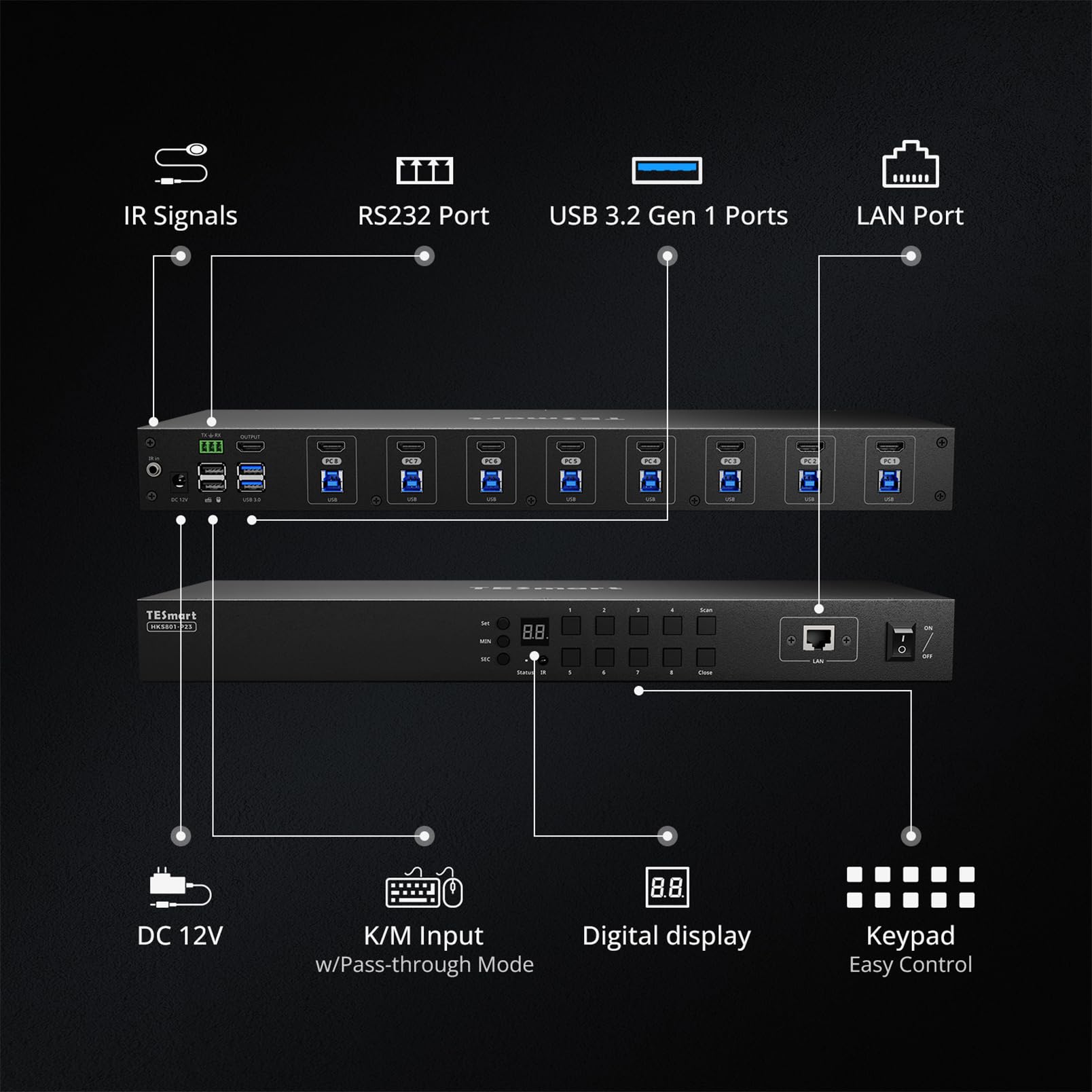 TESmart 4K@60Hz HDMI KVM Switch 8 Porte, HDMI 2.0 e USB 3.0, Switch KVM per 8 PC e 1 Monitor, EDID, Hotkey, Modalità Auto-Scan e Auto-Detect, LAN/RS232, Telecomando IR, Include 8 Cavi KVM PC