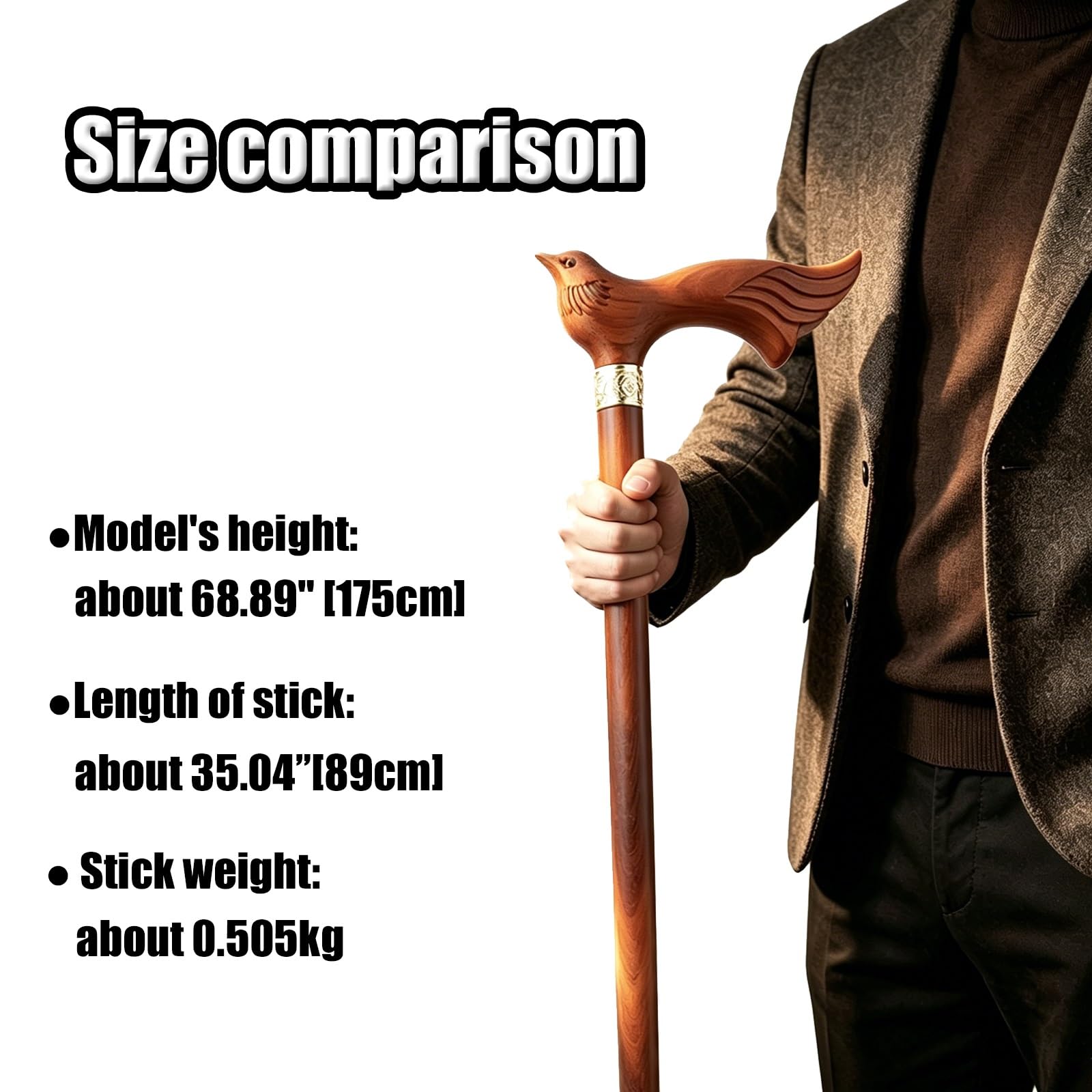 Bastone da Passeggio in Legno Con Uccello Rosso 91 Cm, Bastone Smontabile Unisex, Manico Ergonomico e Punta in Gomma Antiscivolo