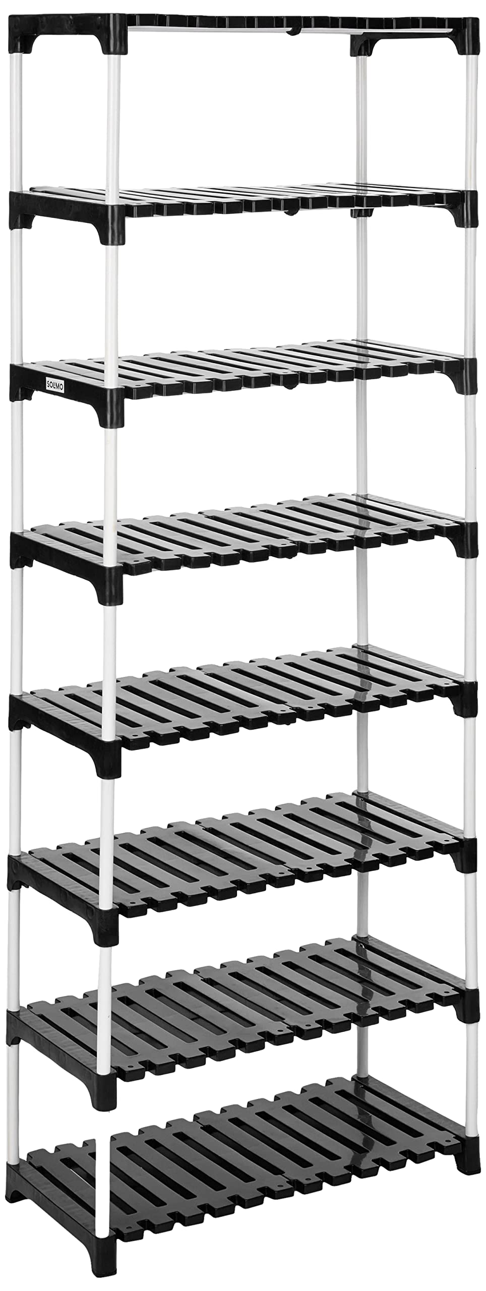 Amazon Brand - Solimo - Multipurpose Rack for Shoes and Clothes, 8 Racks, Black (Stainless Steel & Linen)