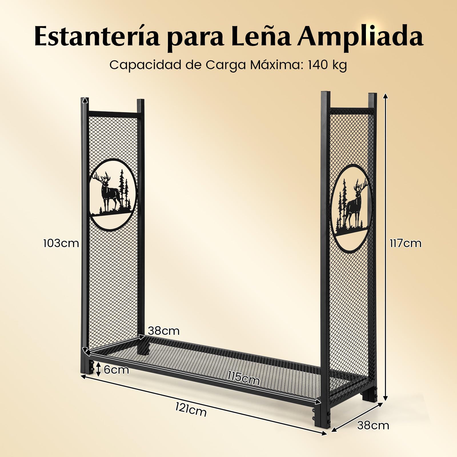 COSTWAY Leñero Exterior/Interior, 121 x 38 x 117 cm, Estante de Leña con Lados de Malla, Base Elevada, Carga de 140kg, Soporte para Almacenar Leña