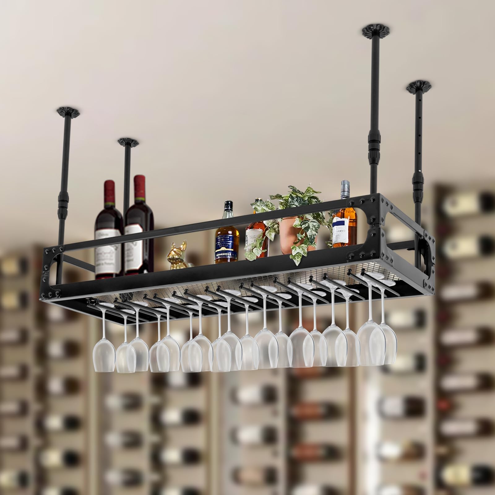 Estante de techo, estante para botellas de vino, soporte para botellas de vino, estante colgante retro de hierro, altura ajustable, estante colgante de hasta 50 kg, para bar, cafetería, cocina