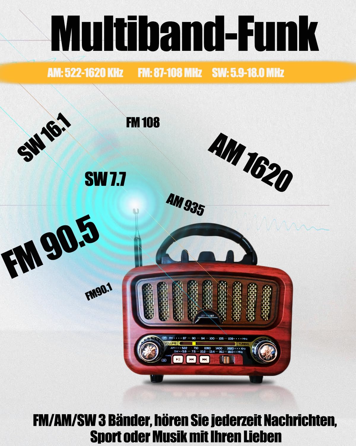 Retro Radio mit Bluetooth, AM/FM/SW Tragbares Radio Klein 5W großer Lautsprecher und Bluetooth 5.0, UKW Lautsprecher Batteriebetrieben unterstützt USB/TF/AUX Funktion (Rot)