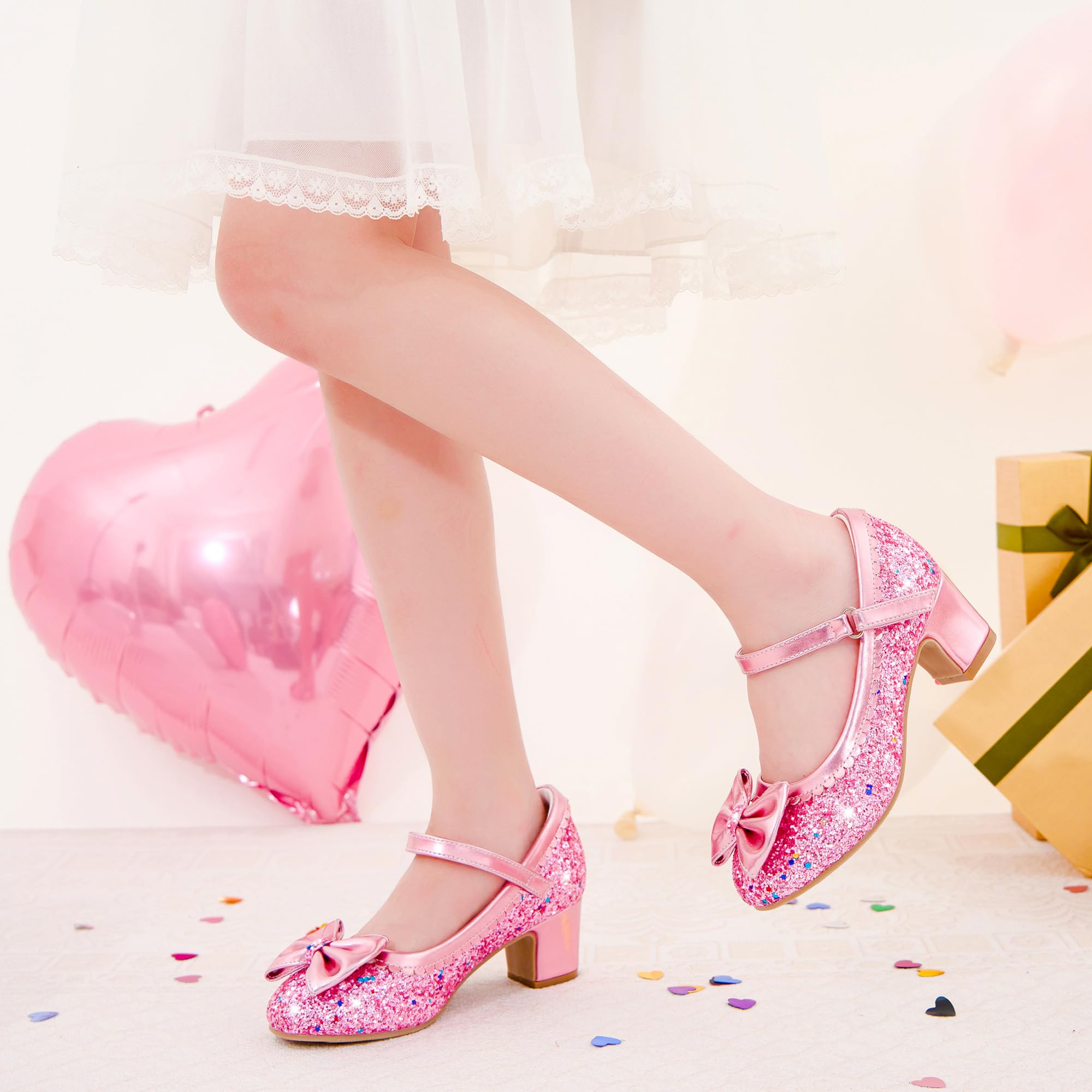 LAURMOSA Glitzer Prinzessin Schuhe Mädchen Mary Jane Riemchen Pumps mit Schleife Stöckelschuhe Kinder Party Hochzeit Geburtstag