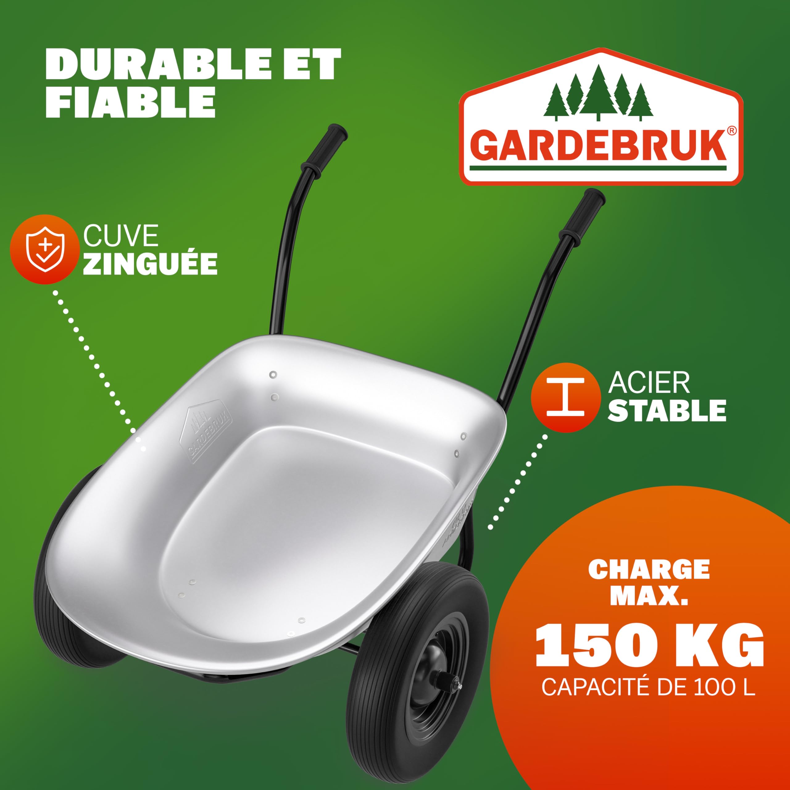 GARDEBRUK® Brouette 2 Roues 150 kg 100 L Jante Acier Roue Gonflable Jardin Jardinage Chantier Chariot de Transport
