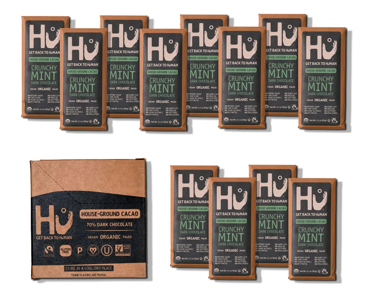 Chocolate Bars | 12 Pack Crunchy Mint Chocolate | Natural Organic Vegan, Gluten Free, Paleo, Non GMO, Fair Trade Dark Chocolate | 2.1oz Each