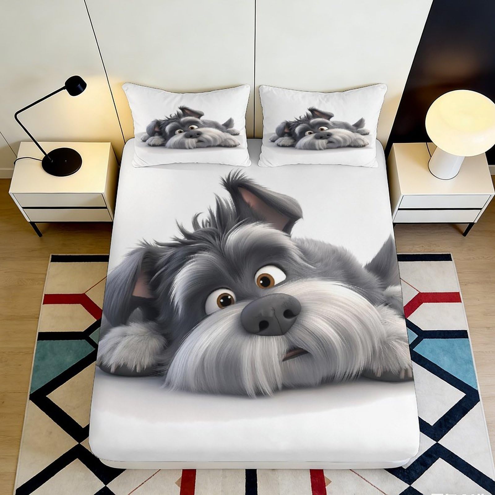 3D Printed Schnauzer Dog Fitted Sheet Microfiber Cartoon Animal Bed Cover for Bedroom Dorm Mattress Decor Easy Care 90x200x25cm