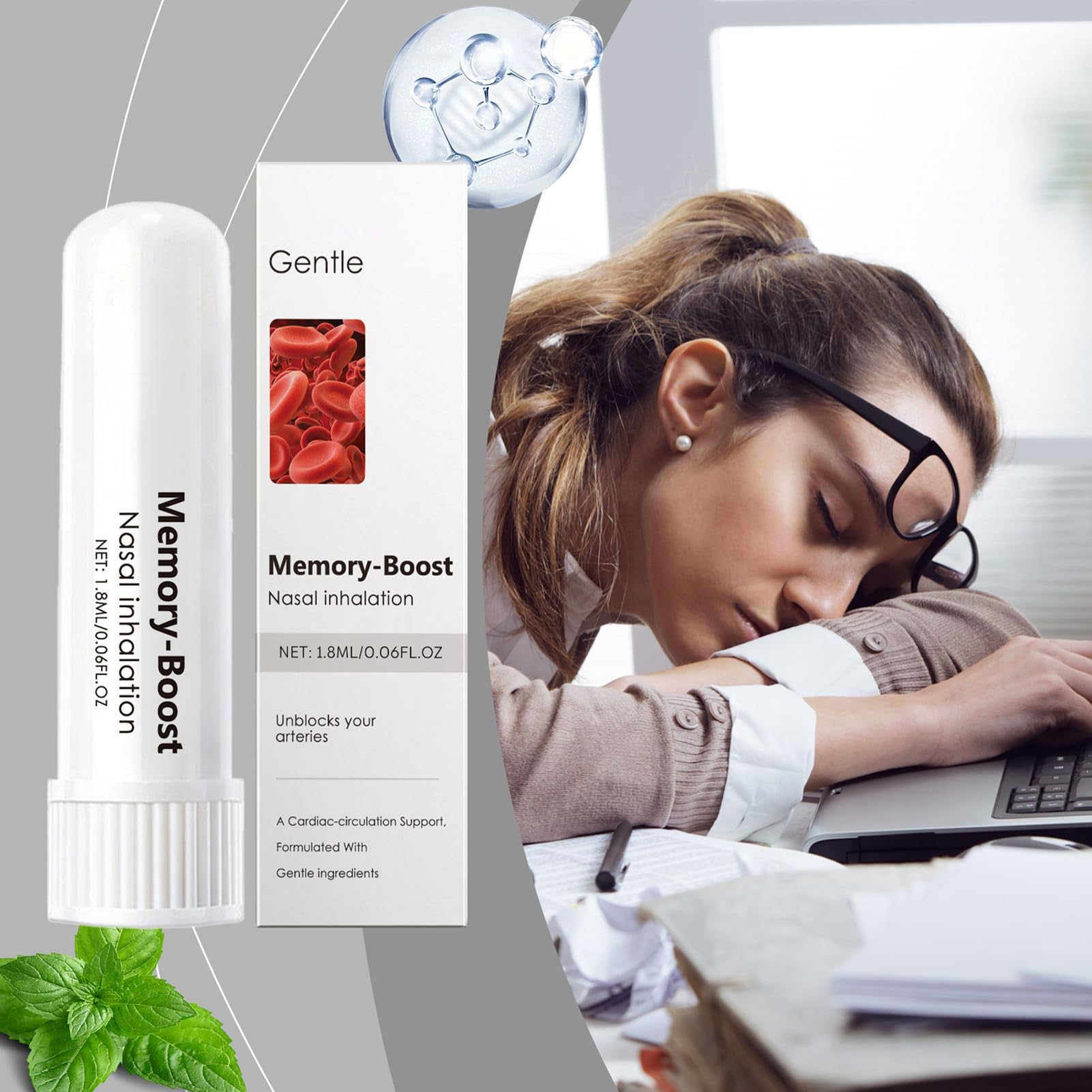 Memory Boost przenośny inhalator z przyssawką do nosa, dyfuzor do aromaterapii, świeże powietrze, miękkie składniki, kojący, 1,8 ml, do oddychania