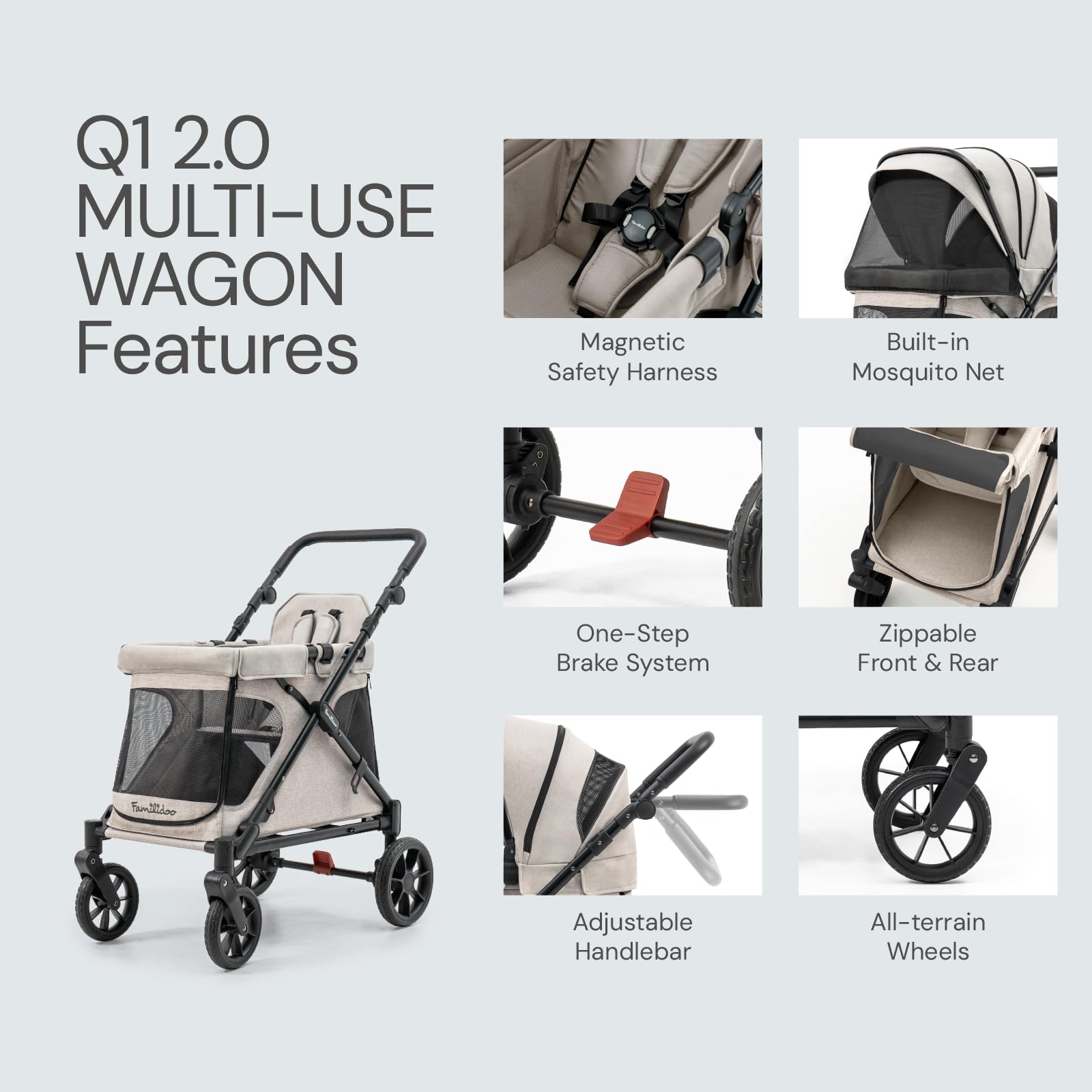 Familidoo Q1 2.0 - Passeggino multiuso, pieghevole, leggero, per bambini e animali domestici, cintura di sicurezza a 5 punti, parapioggia e design compatto da viaggio, supporta fino a