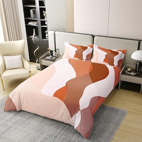 Miniatura 3 de Erosebridal Juego de funda de edredón 100% algodón marrón naranja con rayas geométricas onduladas para niños, adolescentes y adultos, funda de