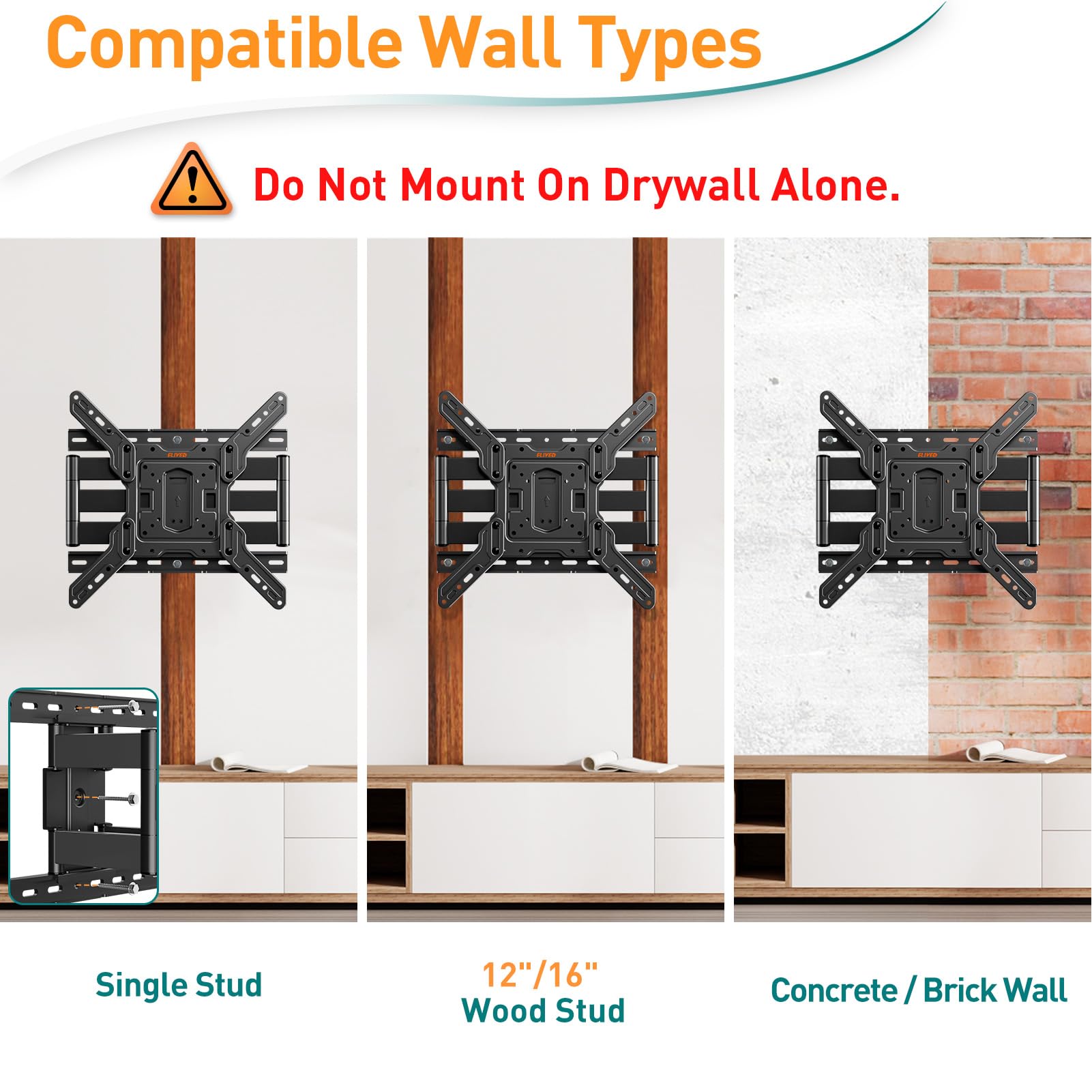 ELIVED Support mural ultra fin pour TV pour la plupart des téléviseurs de 26 à 60 pouces, support mural TV à profil bas, support mural à mouvement complet pivotant et inclinable, VESA max 400x400mm